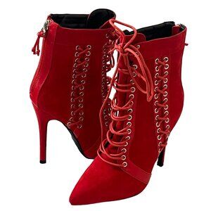 PrettyLittleThing Red Suede Lace Up High Heel Ankle Boots Size 7